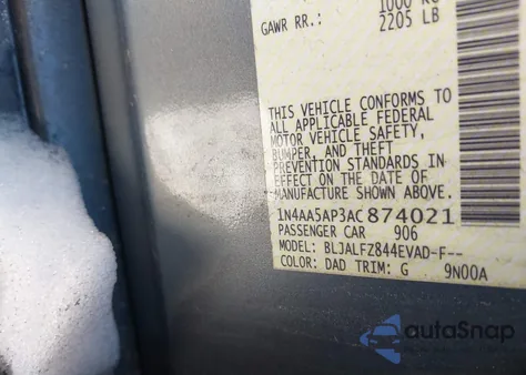 2010 Nissan Maxima 3.5 Sv из США, поврежденный, VIN 1N4AA5AP3AC874021